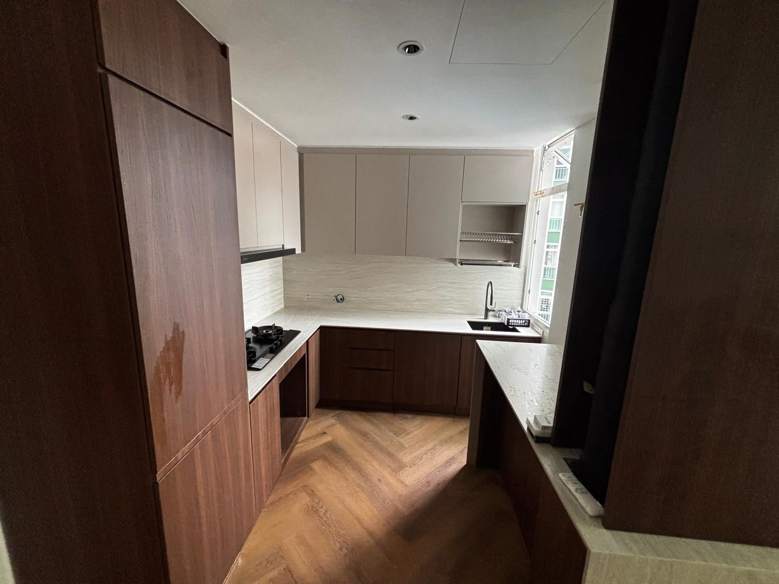 Aluminium kitchen cabinet Singapore, custom walnut-finish kitchen